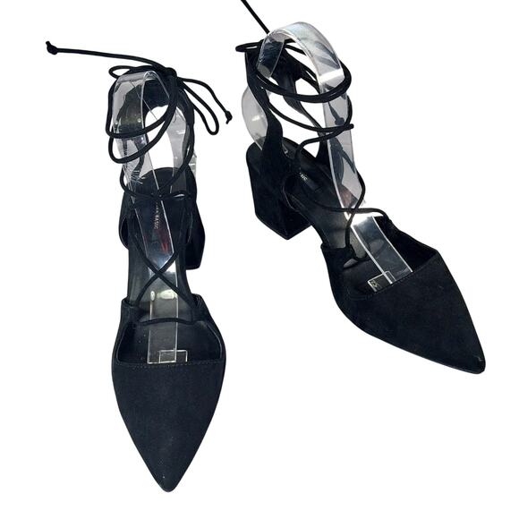 ZARA BASIC! BLACK GENUINE LEATHER CHUNKY HEEL POINTY, LACED ANKLE HEELS! SZ 8.5M - Picture 10 of 10